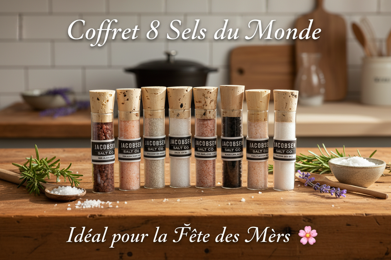 Coffret 8 fioles de sels rares du monde sur plan de travail en bois naturel, idéal cadeau Fête des Mères