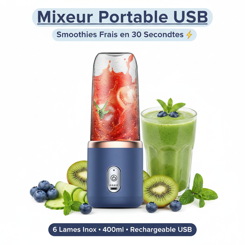 Mixeur portable USB bleu 400ml avec fruits frais - smoothies en 30 secondes - 6 lames inox rechargeable