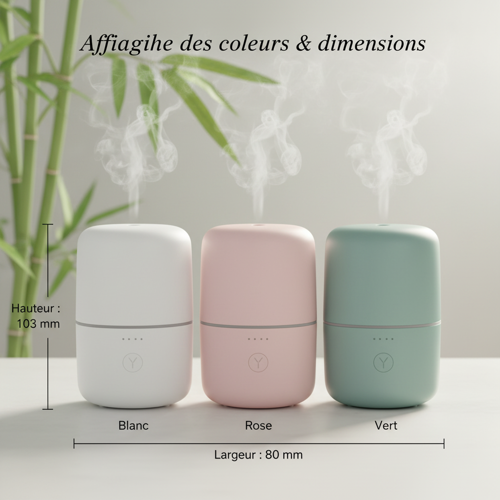 Humidificateur USB - 3 coloris avec dimensions - ambiance zen