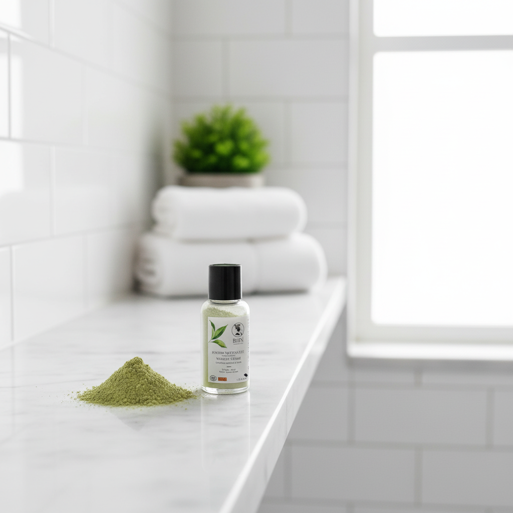Poudre nettoyante bio au matcha BIJIN - ambiance salle de bain premium