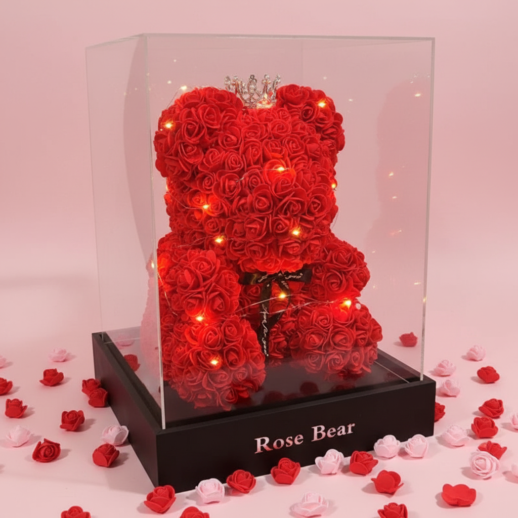 Ours en roses rouges éternelles avec lumières LED et couronne cristal dans boîte acrylique