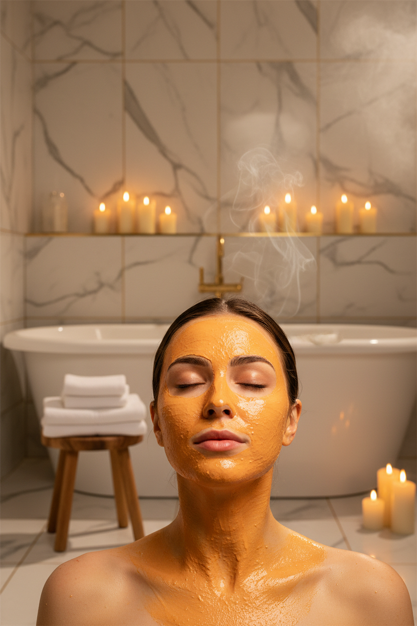 Boost Energy — Masque orange éclat appliqué sur le visage ambiance spa