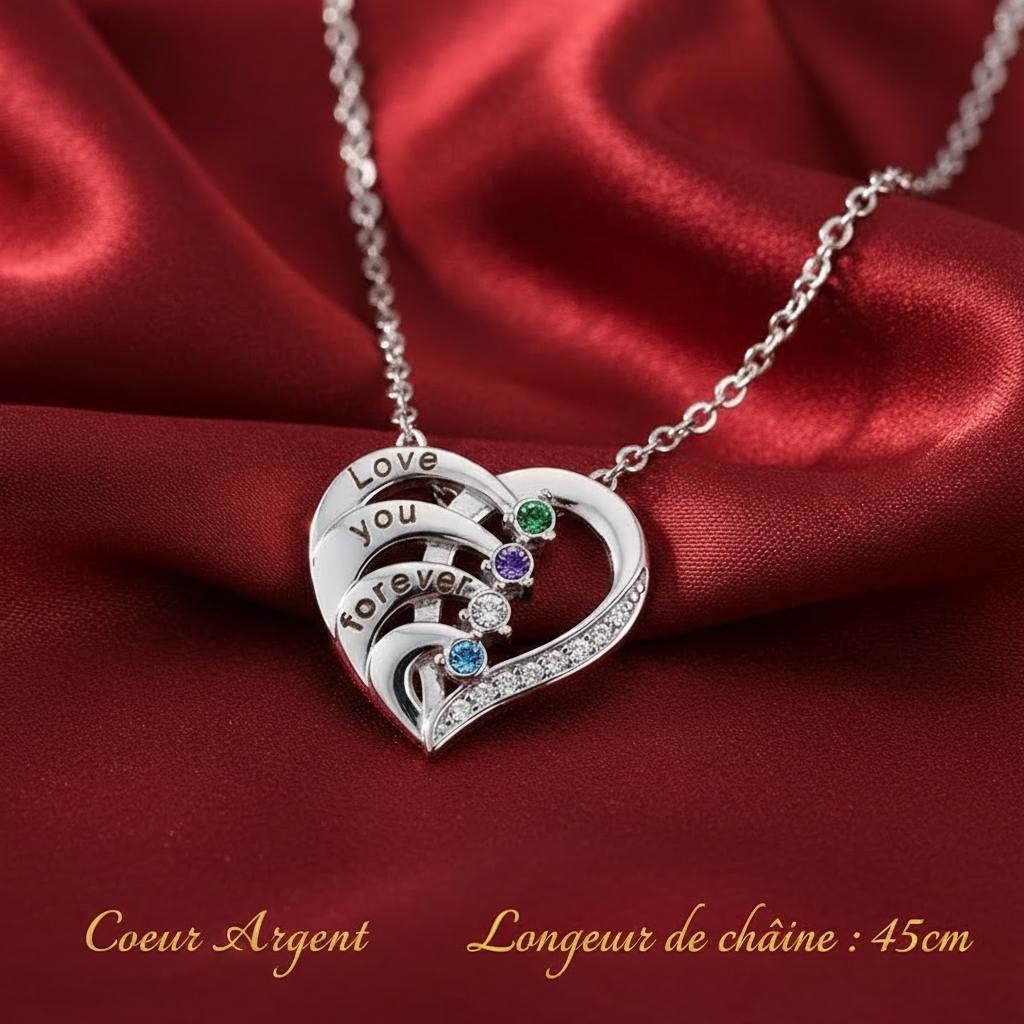 Collier cœur argent Love You Forever sur soie rouge - Longueur de chaîne 45cm