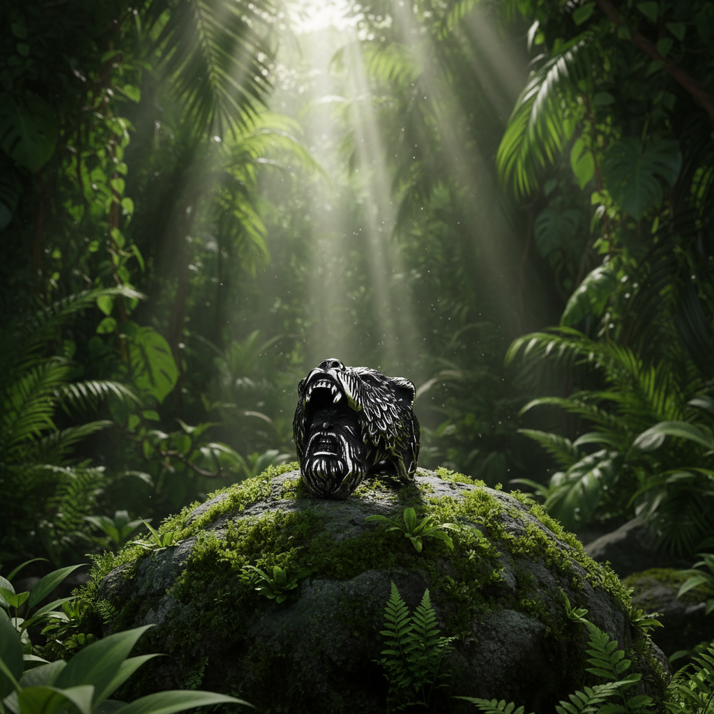 Bague viking tête d'ours berserker posée sur pierre dans une jungle tropicale