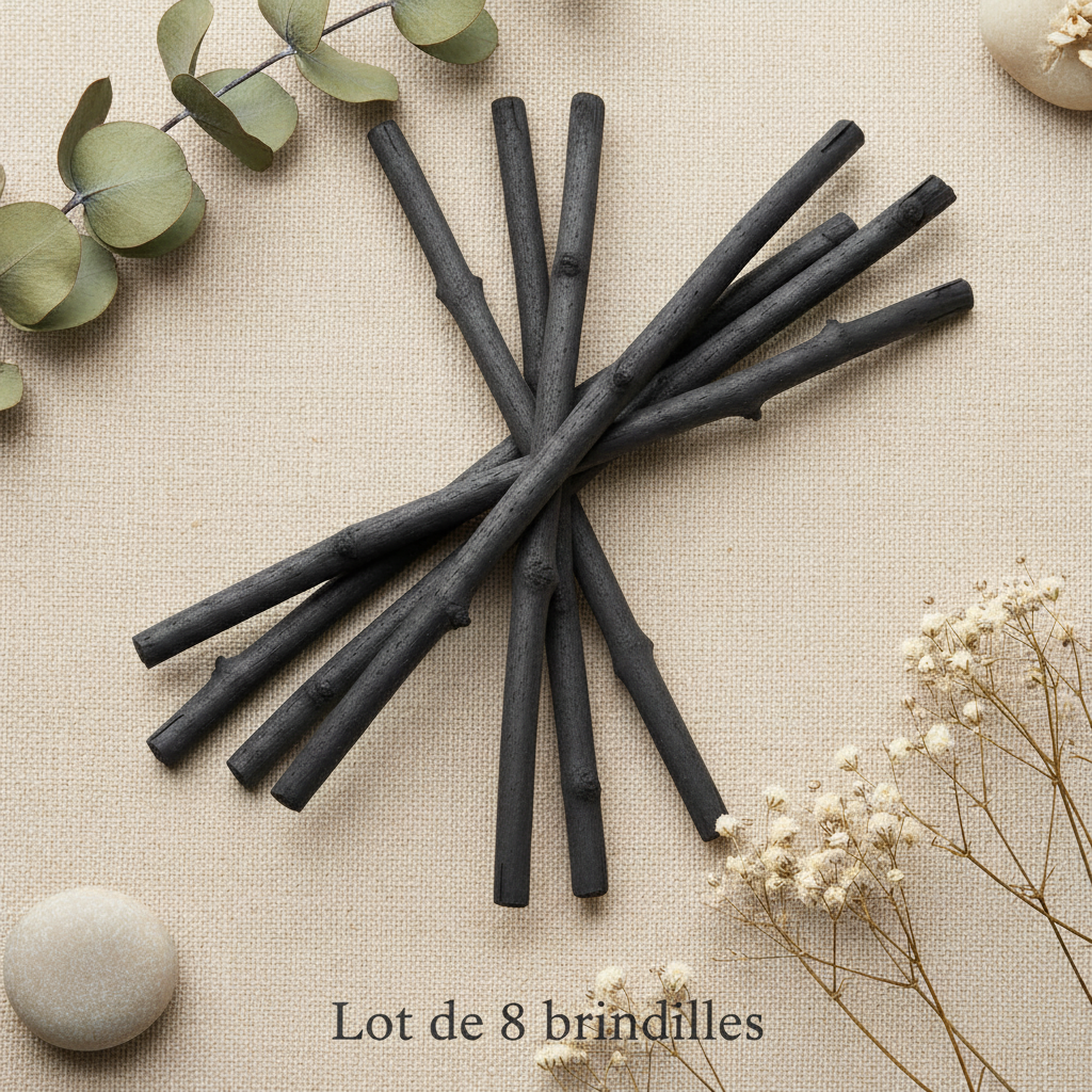 Lot de 8 brindilles de charbon de bambou français sur fond lin naturel