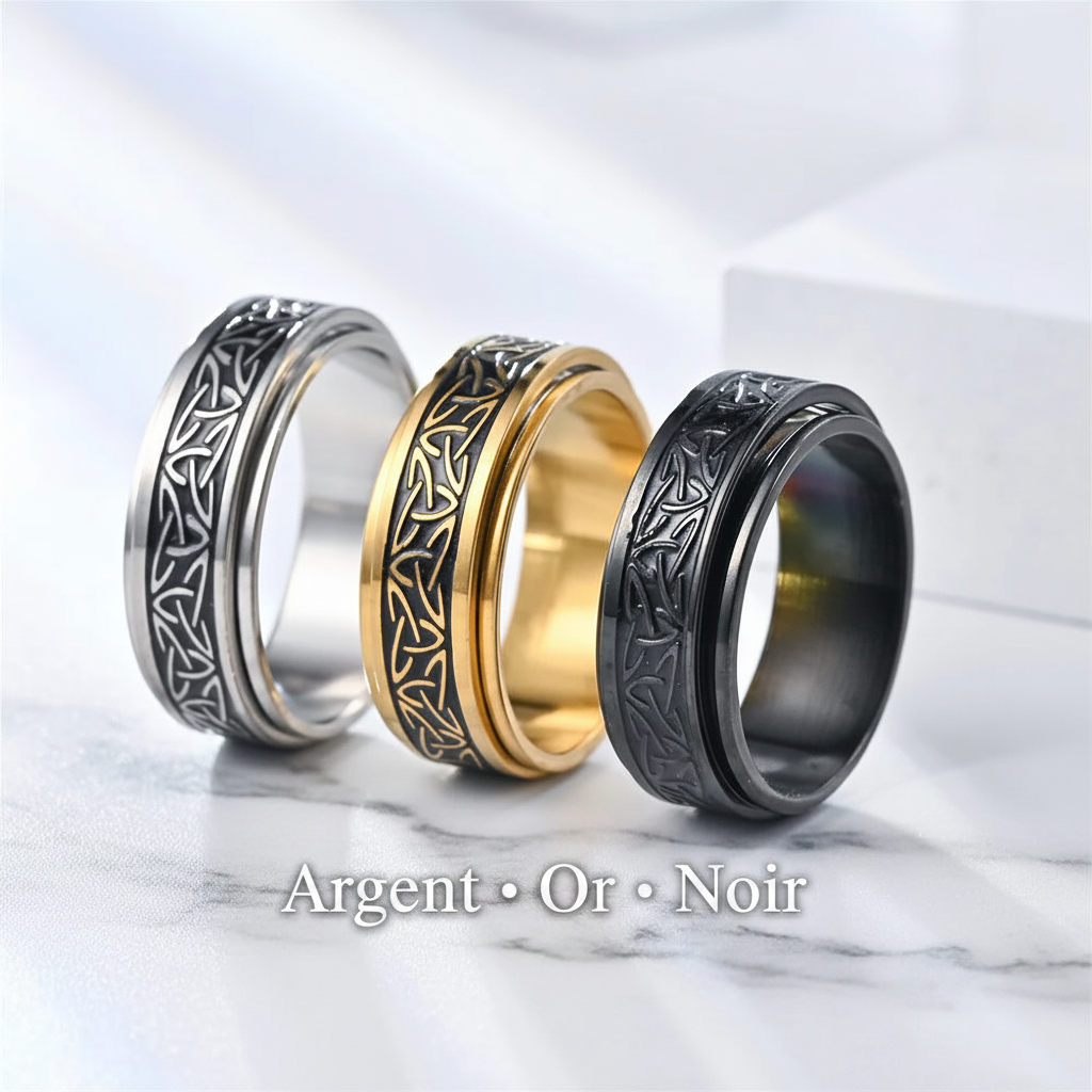 Bague Anti-Stress Rotative Nœud Celtique — Argent, Or, Noir