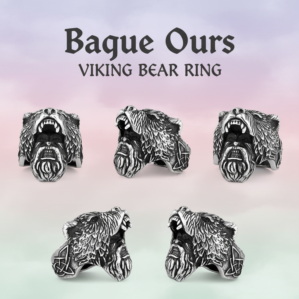 Bague viking tête d'ours berserker multi-vues fond pastel police viking