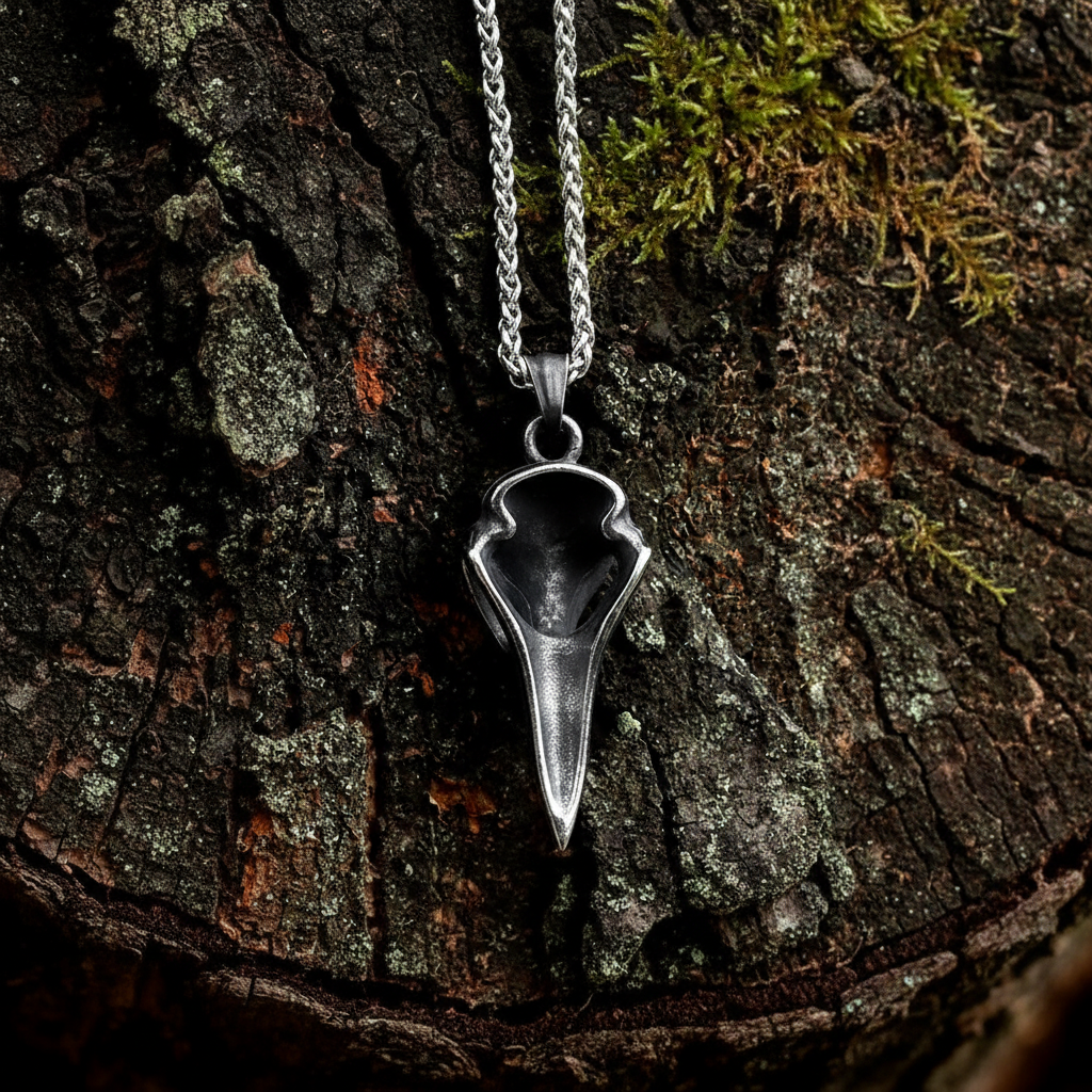 Collier pendentif crâne de corbeau vue arrière posé sur souche d'arbre