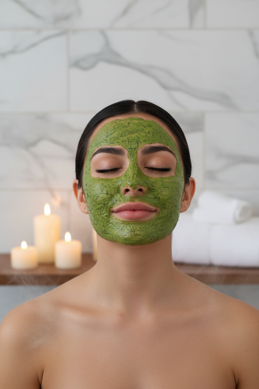 Hit Restart — Masque vert détoxifiant appliqué sur le visage ambiance spa