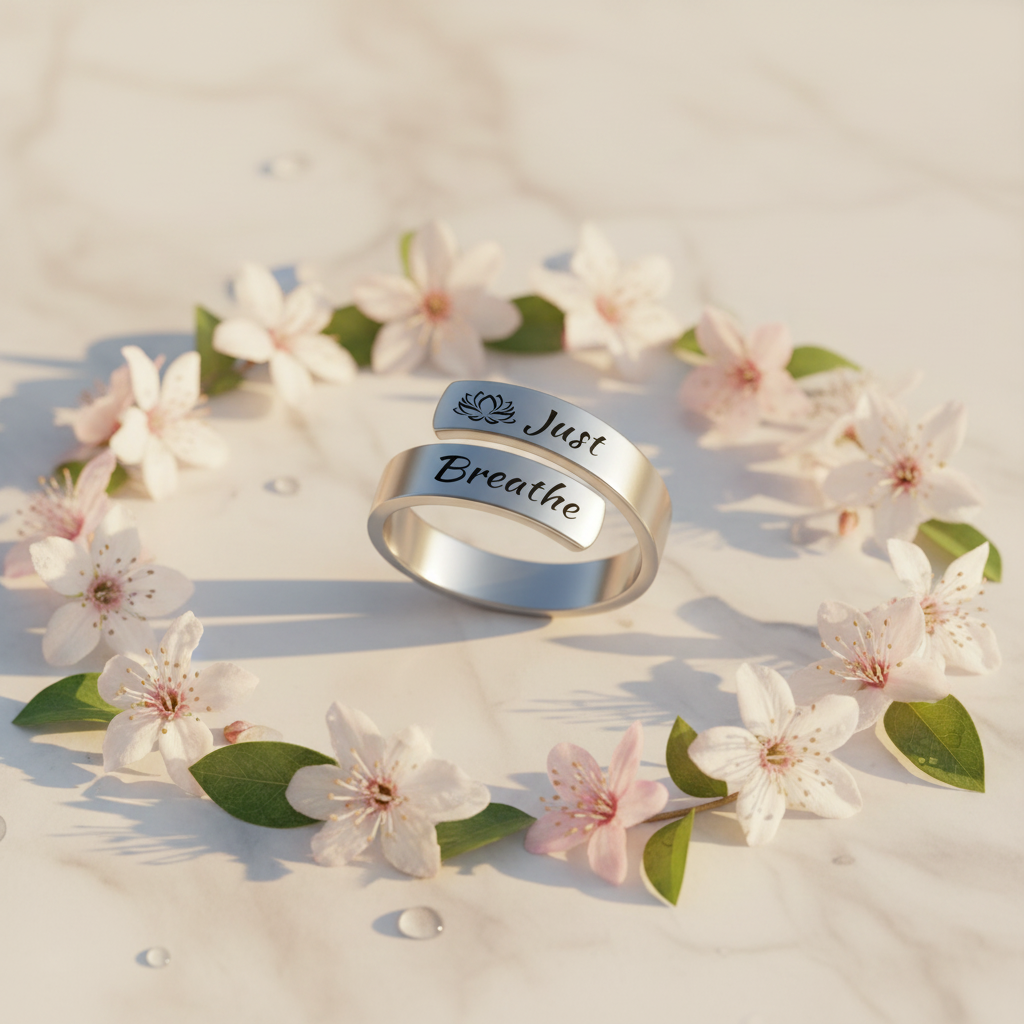 Bague Just Breathe – Anneau ouvert en acier inoxydable gravé