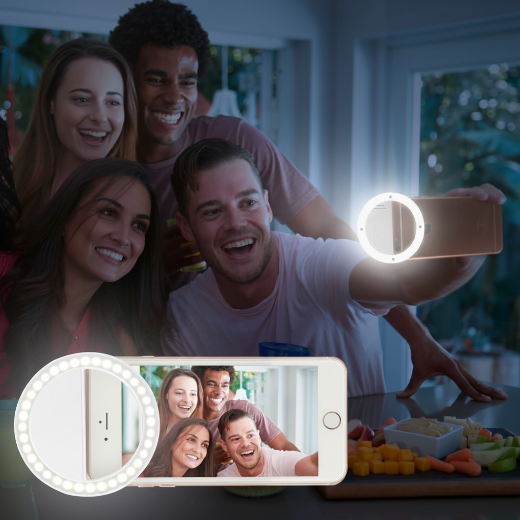 Anneau selfie LED à clipser - utilisation dans le noir, lumière puissante