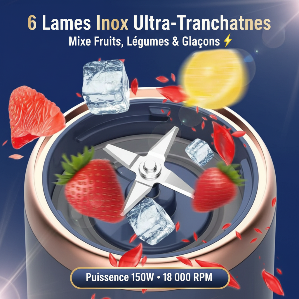 6 lames inox ultra-tranchantes mixeur portable USB - puissance 150W 18000 RPM - mixe fruits légumes et glaçons