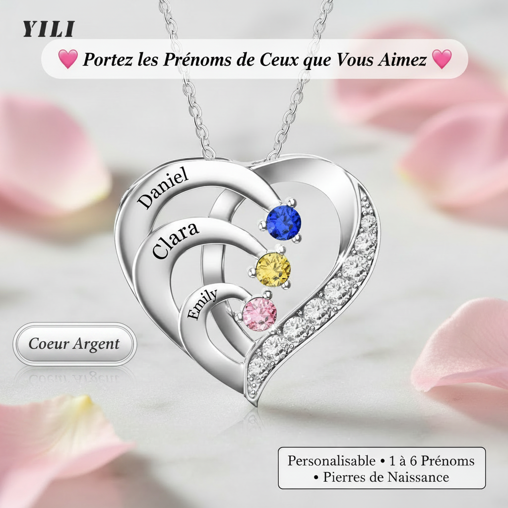 Portez les Prénoms de Ceux que Vous Aimez - Collier personnalisé cœur pierres de naissance