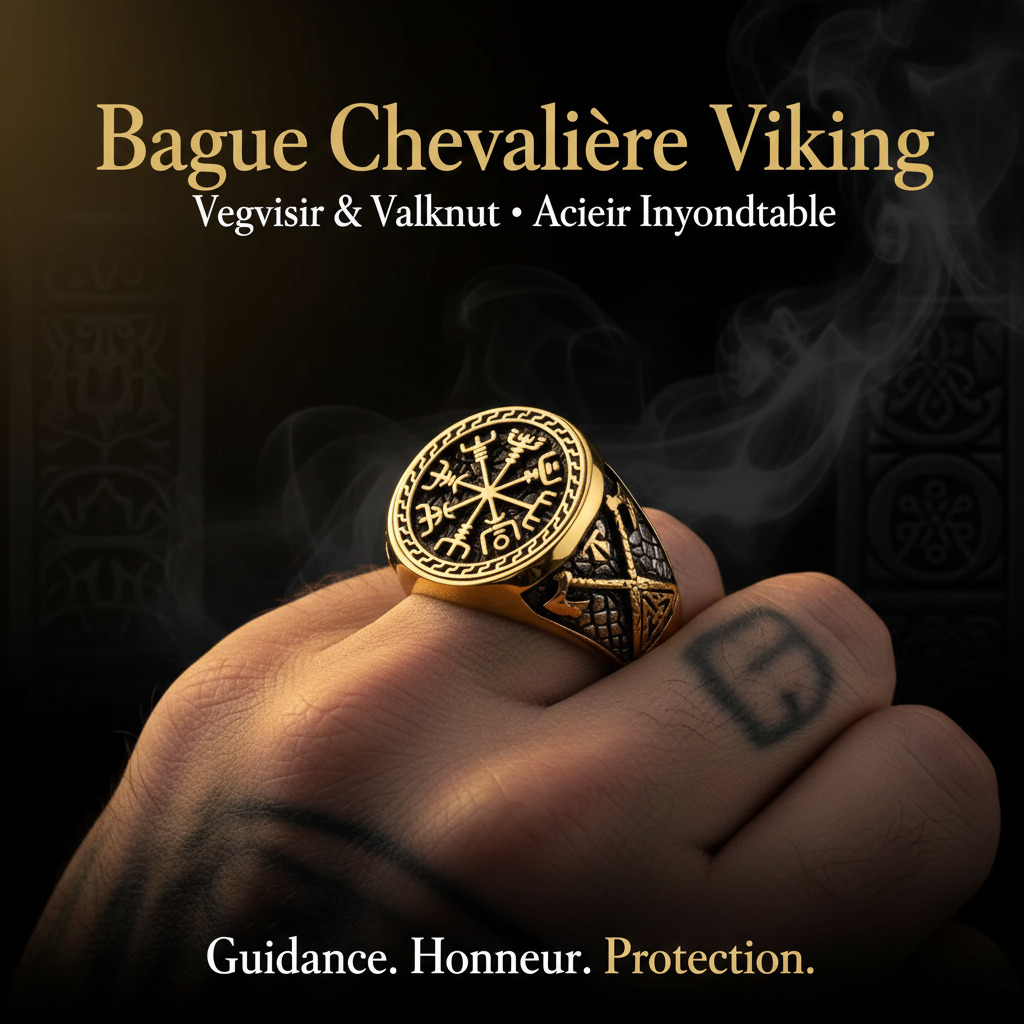Bague chevalière viking Vegvisir or portée sur doigt