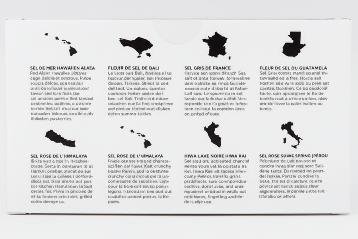 Carte descriptive des 8 sels rares du monde en français