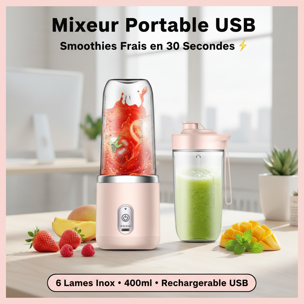 Mixeur portable USB rose et gobelet sur bureau - smoothies frais 400ml rechargeable USB