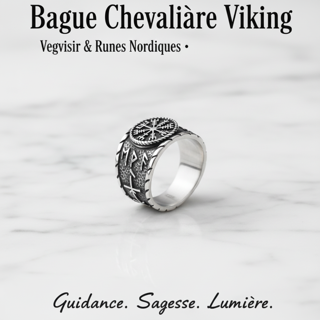 Bague chevalière viking Vegvisir runes nordiques fond clair