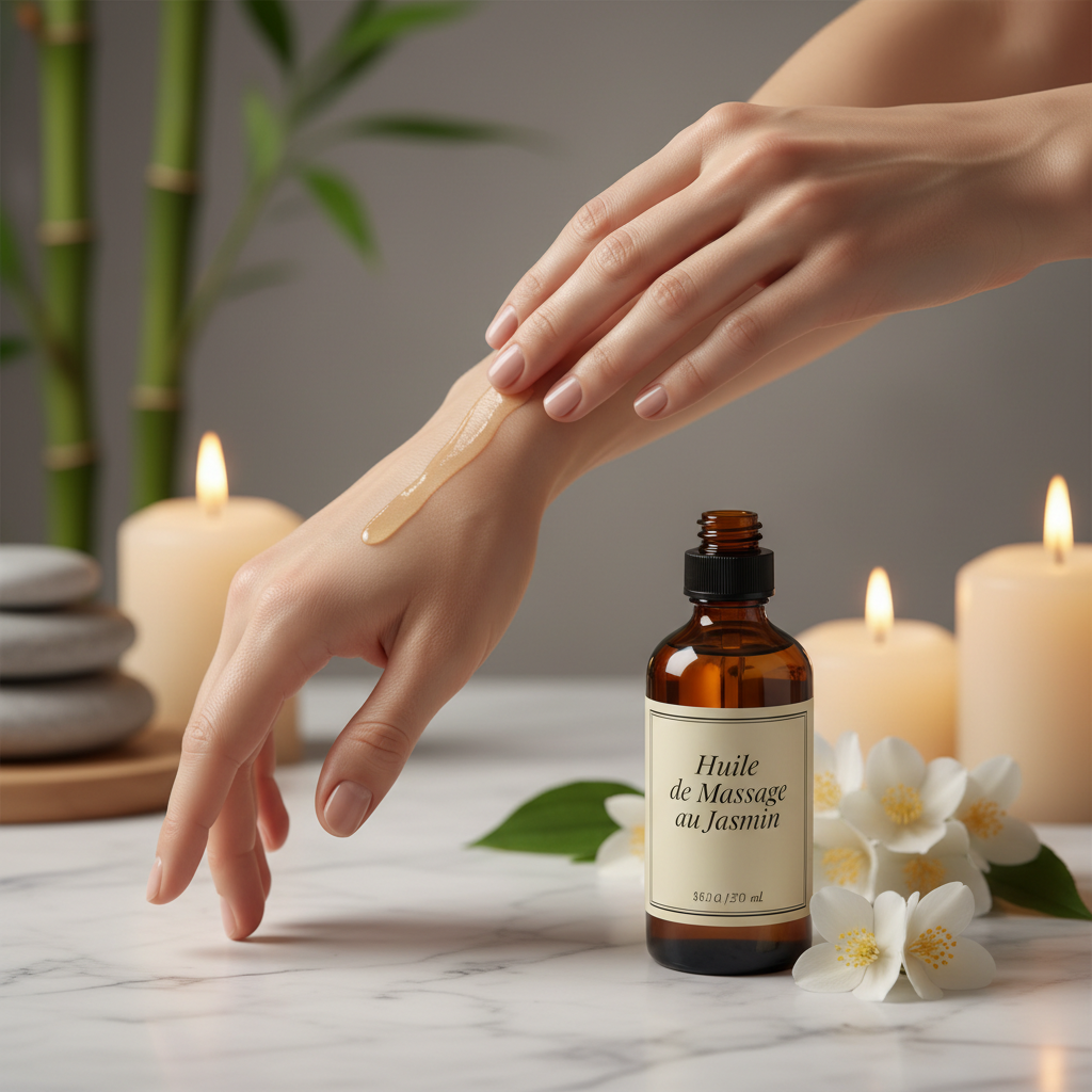 Huile de massage au jasmin - lifestyle avec étiquette française