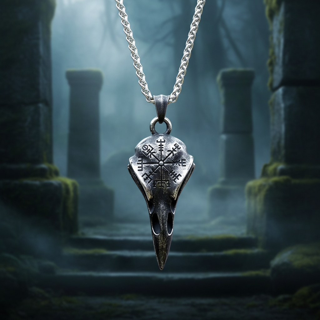Collier pendentif crâne de corbeau Vegvisir finition retro