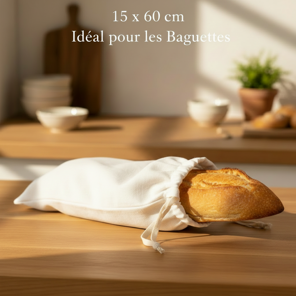 Sac à pain en lin blanc cassé 15x60 cm idéal pour les baguettes
