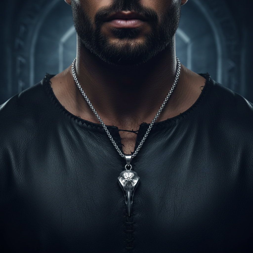 Collier pendentif crâne de corbeau Vegvisir acier porté par un homme