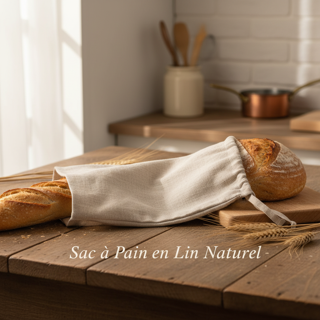 Sac à pain en lin naturel avec baguette fraîche sur table en bois rustique