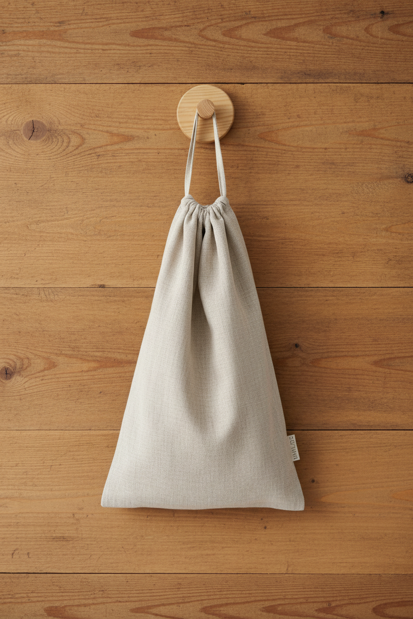 Sac à pain en lin naturel suspendu sur fond de bois naturel