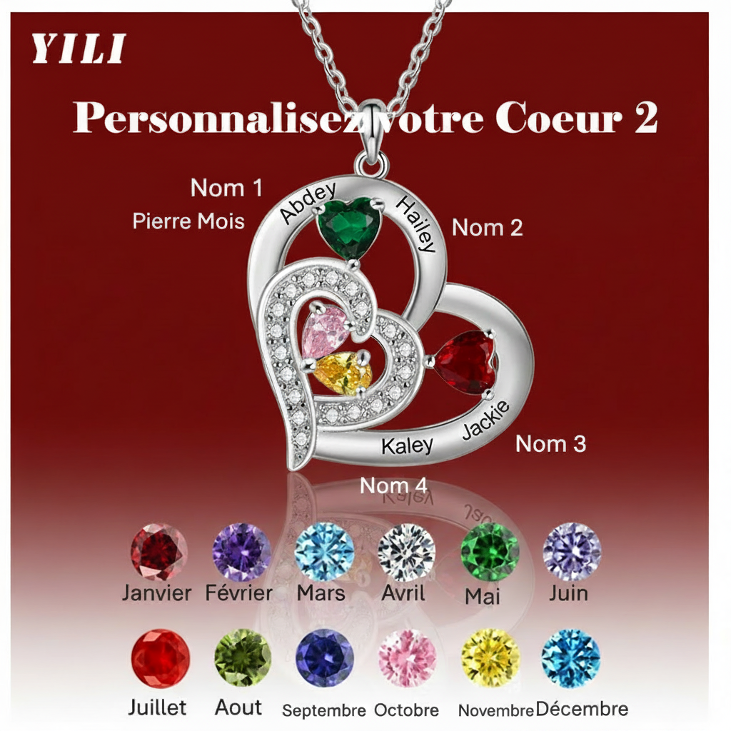 Personnalisez votre Cœur - Collier personnalisé prénoms et pierres de naissance - Fond rouge
