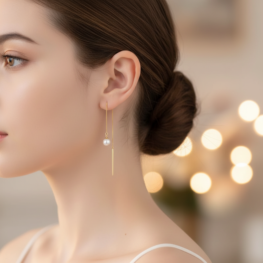 Boucles d'oreilles pendantes perle dorée portées - Lifestyle élégance