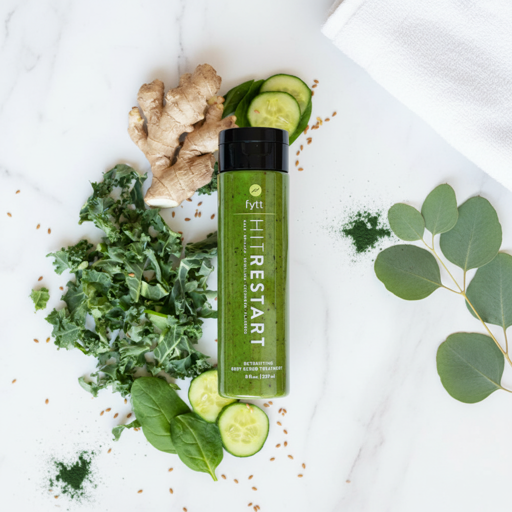 Hit Restart — Flat lay spa kale concombre gingembre spiruline