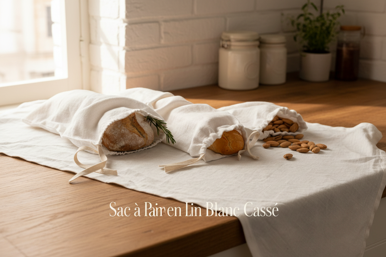 Sacs à pain en lin blanc cassé sur plan de travail en bois naturel