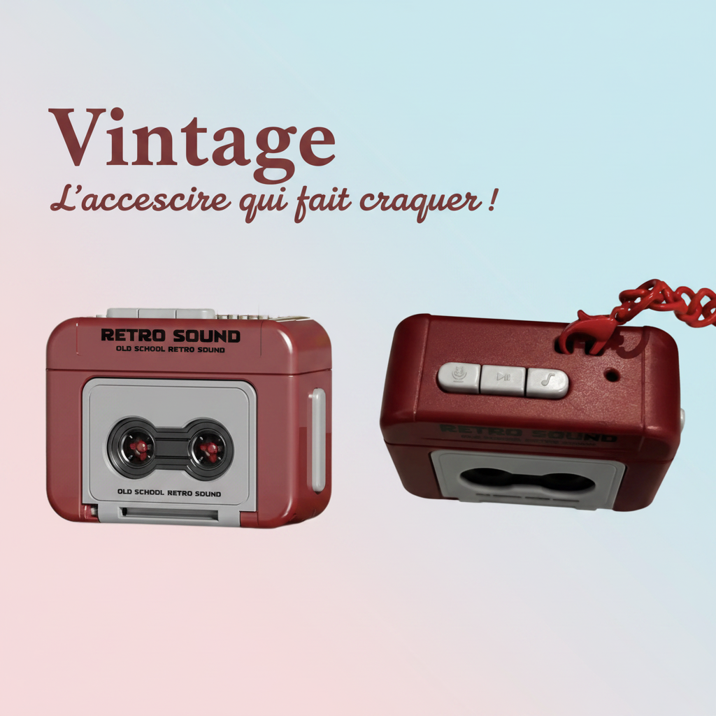 Porte-clés magnétophone rétro rouge - vue avant et dessus - Vintage