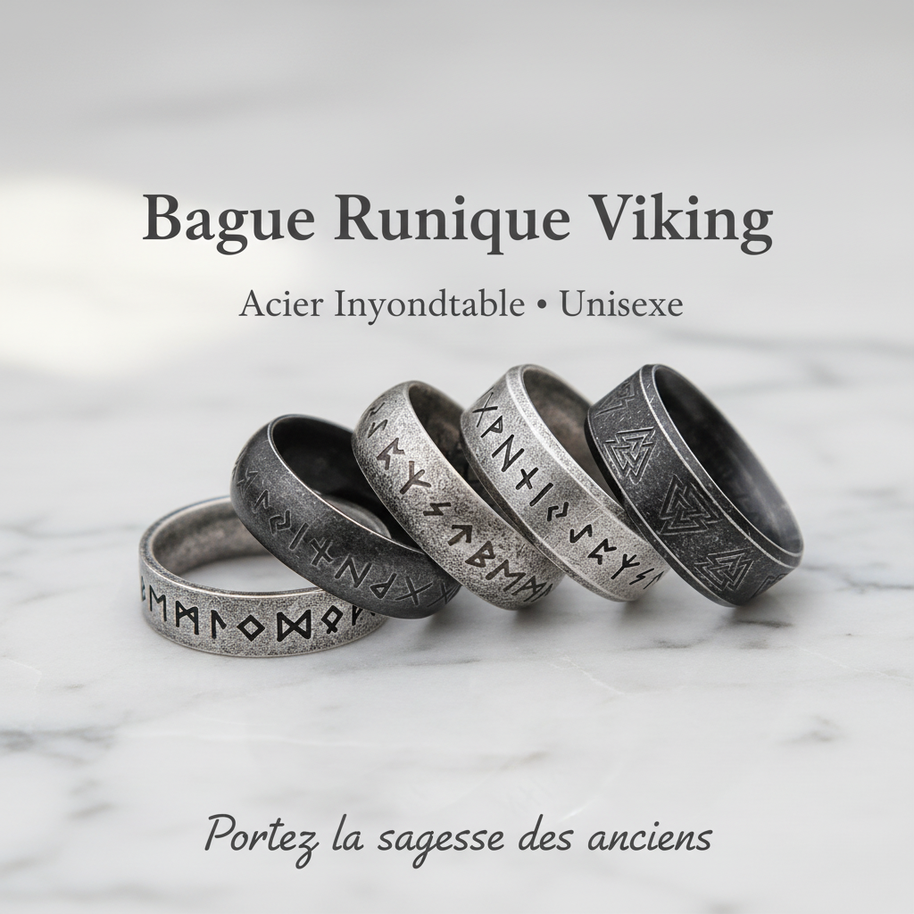 Bague runique viking acier inoxydable fond clair minimaliste