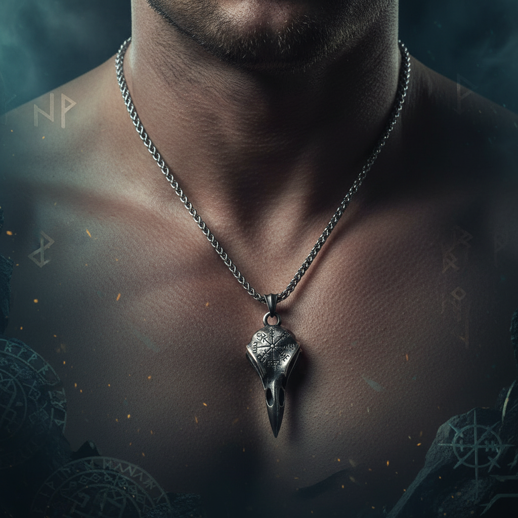 Collier pendentif crâne de corbeau Vegvisir retro porté par un homme