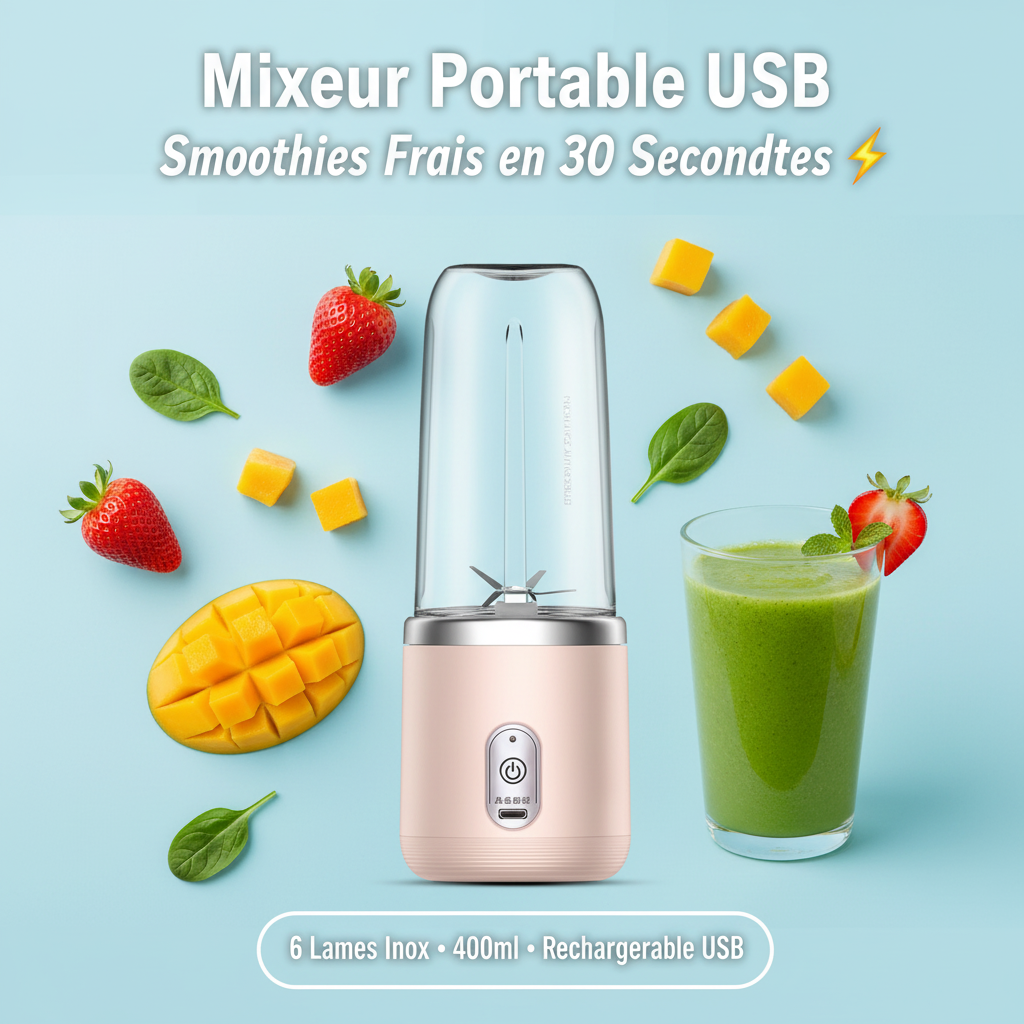 Mixeur portable USB rose 400ml avec fruits frais - smoothies en 30 secondes - 6 lames inox rechargeable