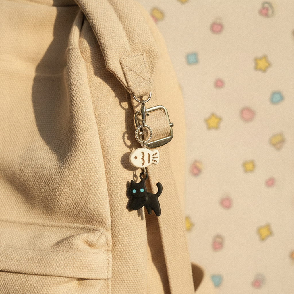 Porte-clés chat noir et poisson kawaii porté sur un sac