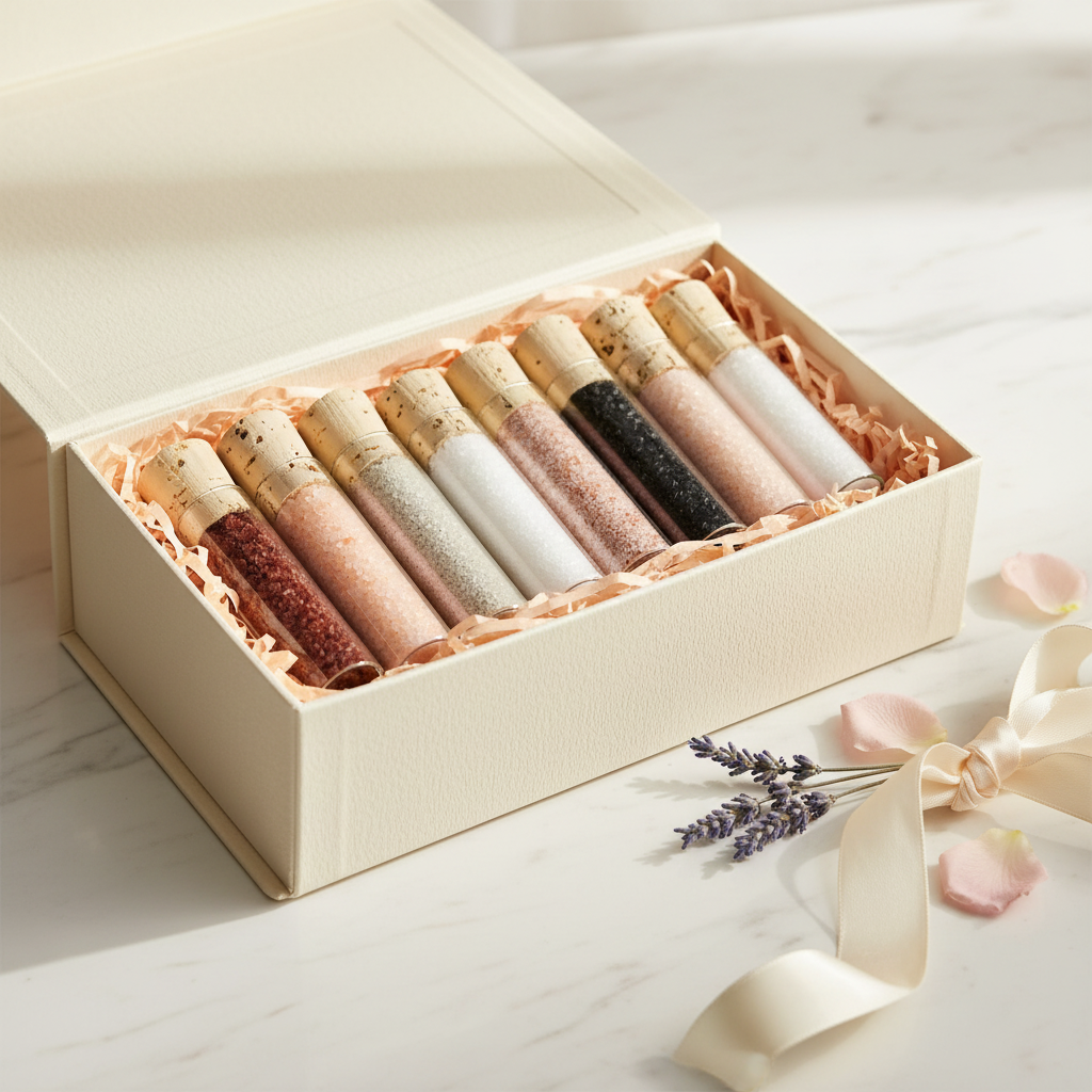 Coffret 8 fioles de sels rares du monde présentées dans un écrin cadeau élégant