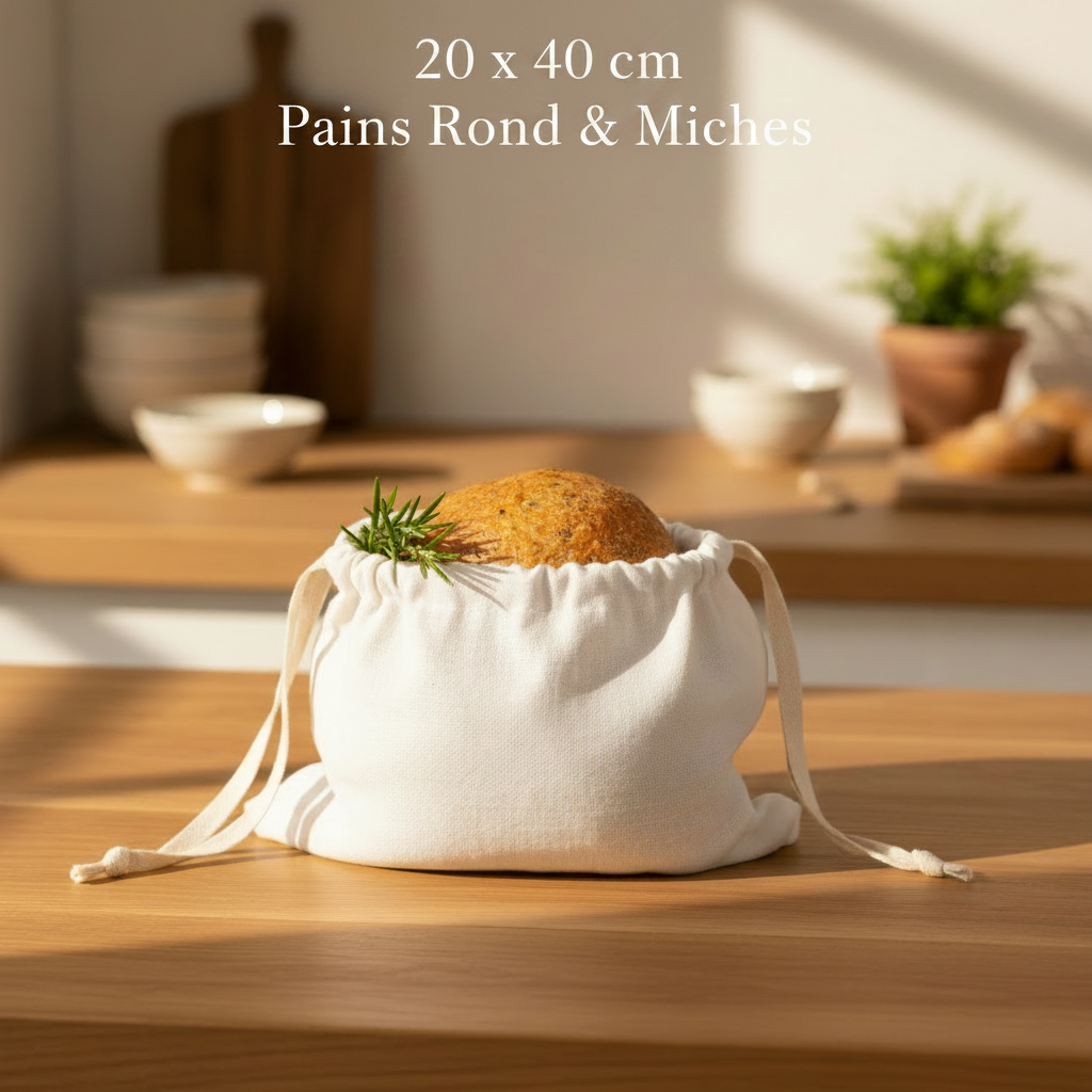 Sac à pain en lin blanc cassé 20x40 cm pour pains ronds et miches