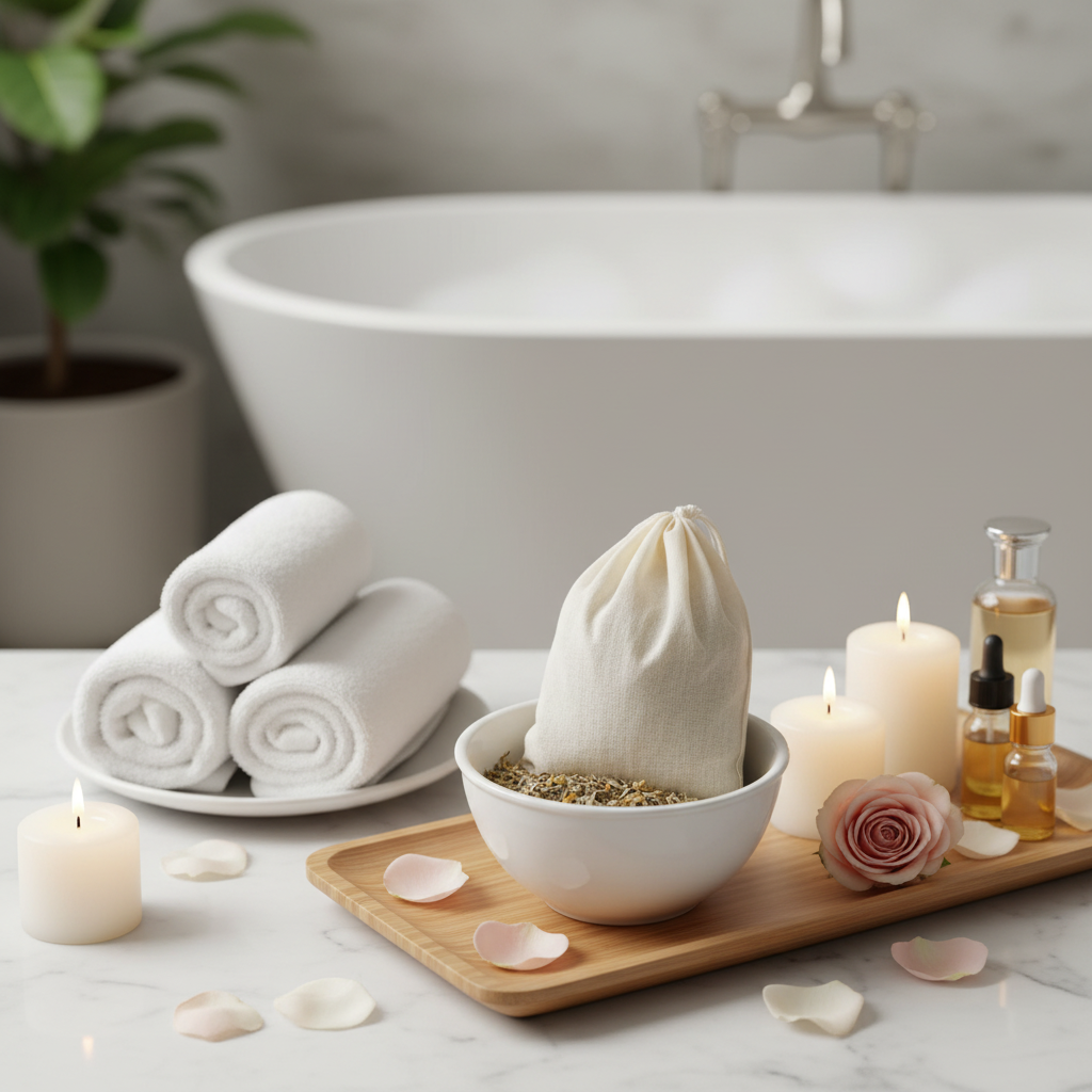 Thé de bain bio dans un spa luxueux avec bougies, serviettes et pétales de roses
