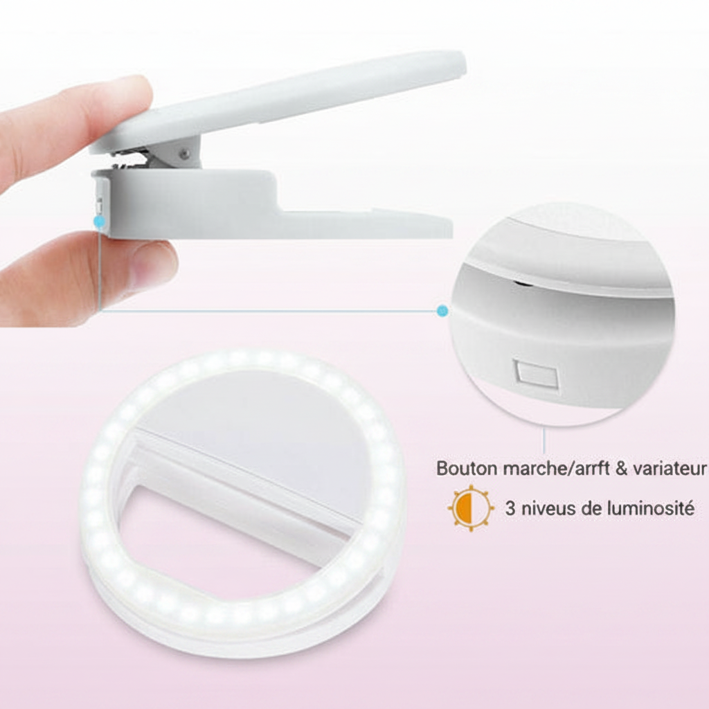Anneau selfie LED - bouton variateur et 3 niveaux de luminosité