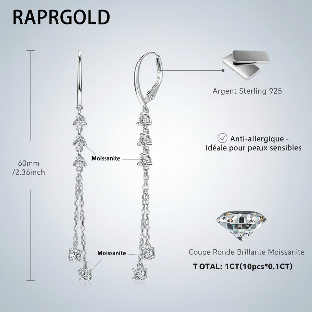 Boucles d'oreilles Moissanite - 60mm, Coupe Ronde Brillante, Anti-allergique