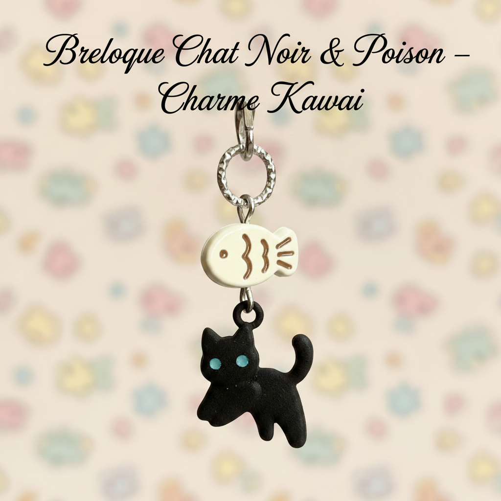 Image promotionnelle breloque chat noir et poisson kawaii